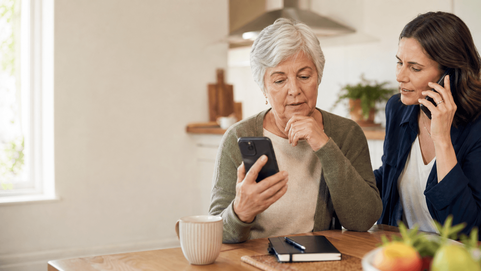 A senior pausing to verify a suspicious request with family support.